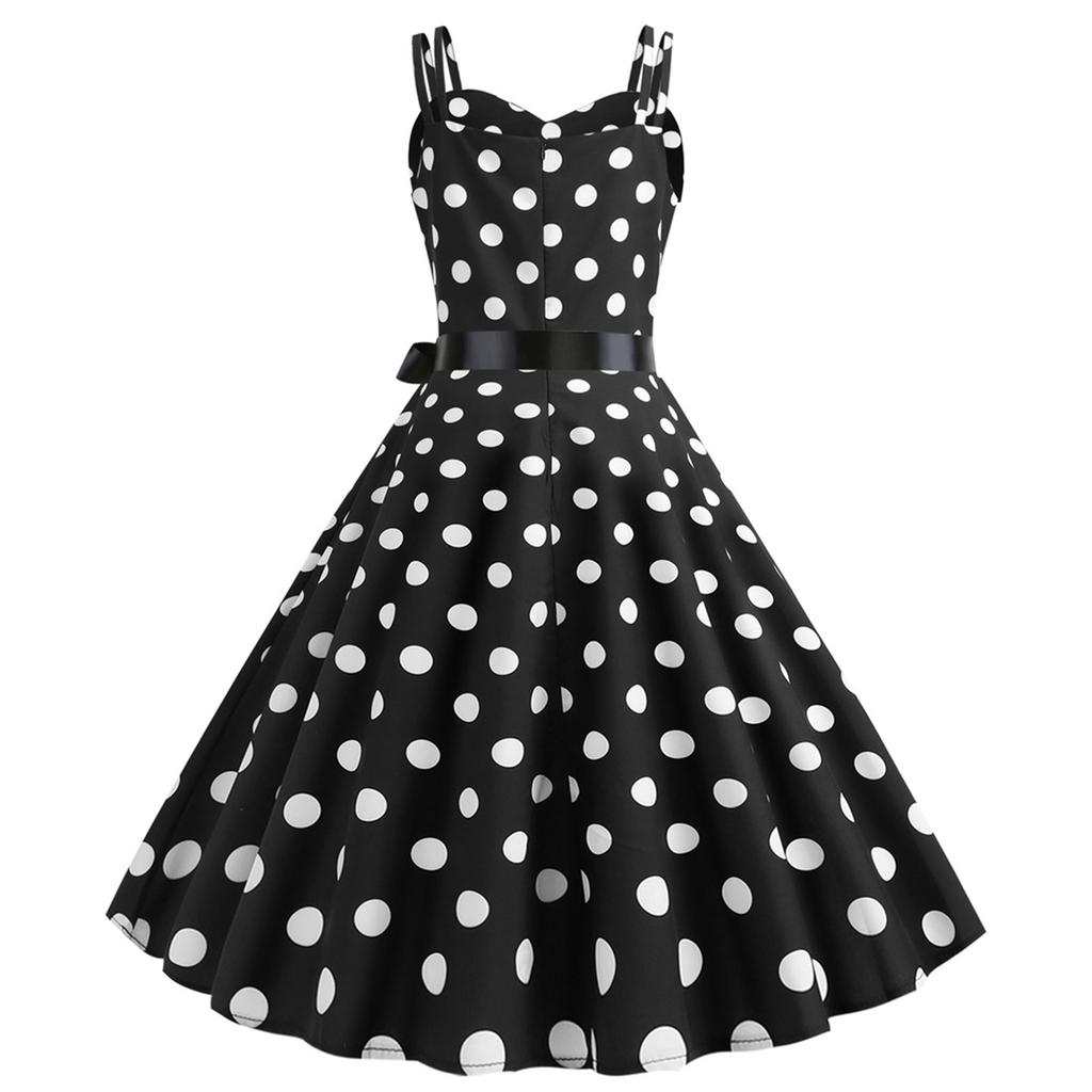 Women's Retro Style Dress With Double Suspenders And Polka Dot Printed Large Skirt