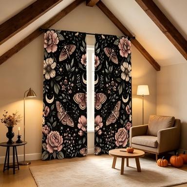 2PCS Digital Printed Curtains, Vintage Moths Flowers Crescent Moon Stars, Dark Boho Botanical Witchy Window Decor Living Room