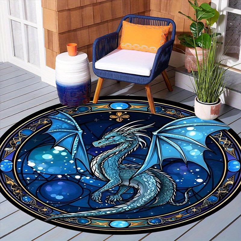 Mystical Blue Dragon Round Rug, Intricate Celestial Pattern Indoor Outdoor Carpet for Camping Porch Balcony RV Durable Mat