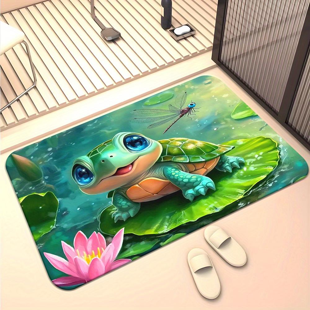 Adorable Turtle on Lotus Leaf with Dragonfly Flannel Rug Non-Slip Absorbent Cute Nature Theme Doormat for Front Door Kitchen