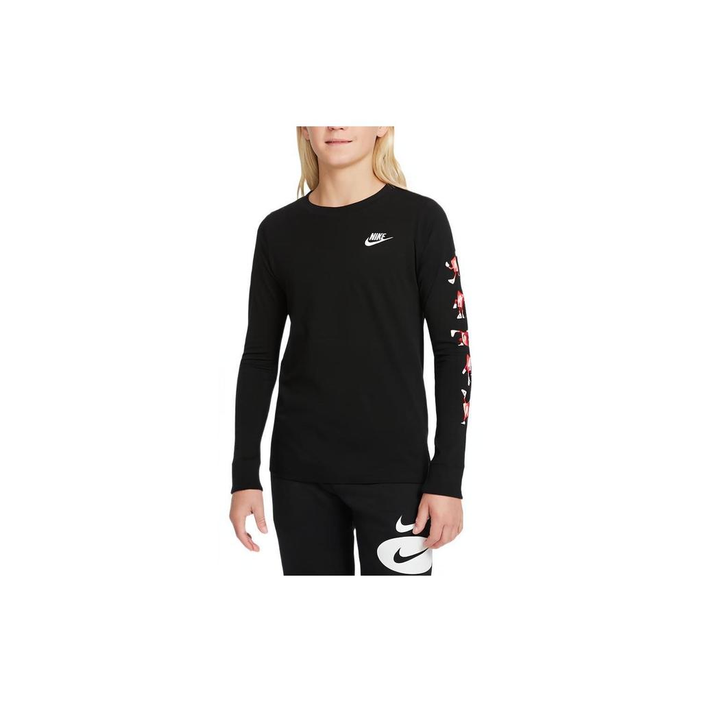 Nike Logo Print Round Neck Long Sleeve T-Shirt Kids tops Black DO1838-010