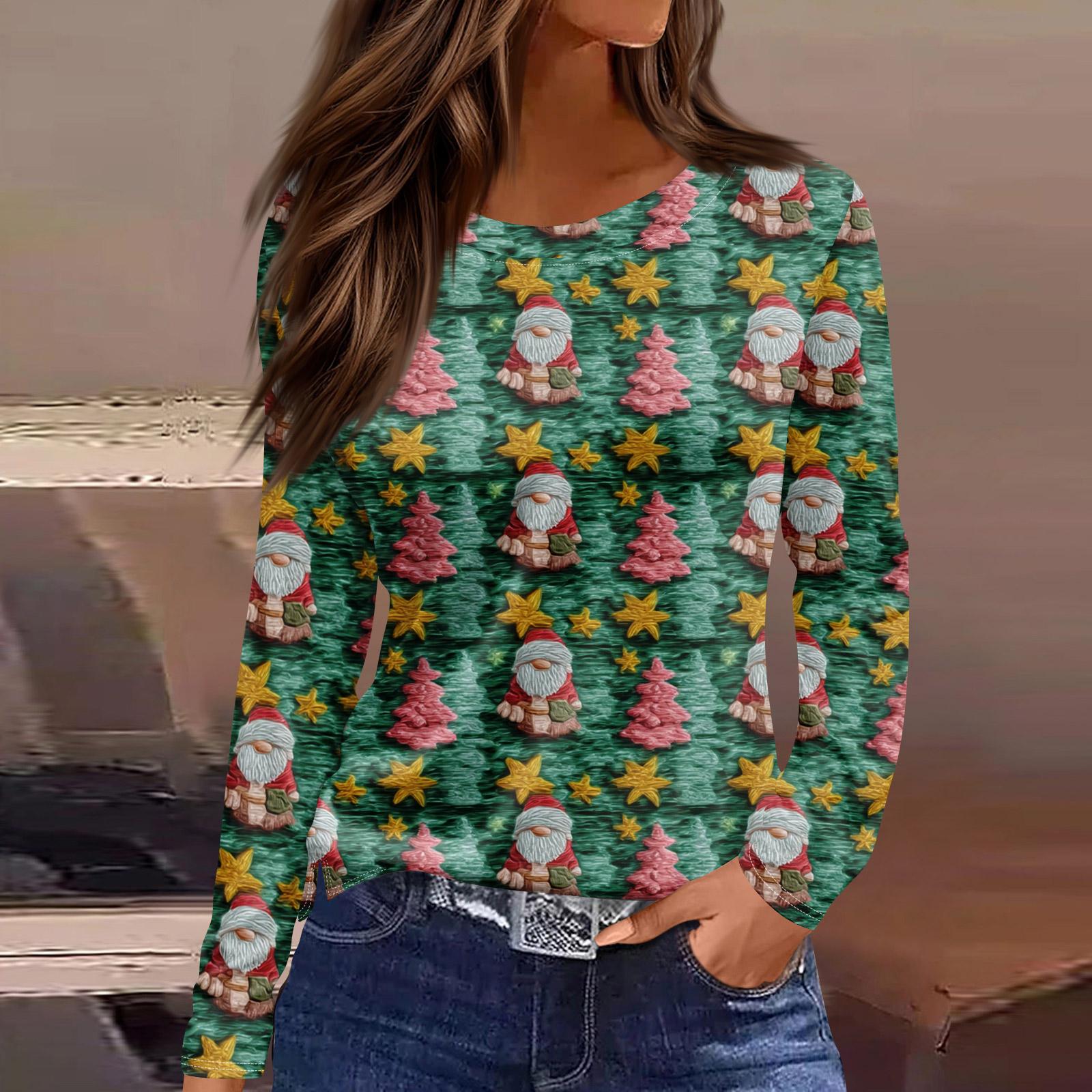 

Женская мода повседневный топ с разрезом по низу и рождественским принтом с круглым вырезом и длинными рукавами XL зелёный