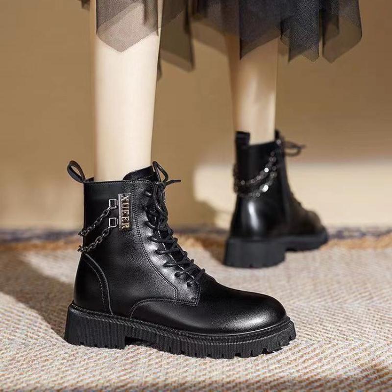Chain Thick -Soled Ankle Boots Single Boots Winter Fleece Thick -Soled Tight Boots Lace -Up Low -Top Women Shoes New British Style