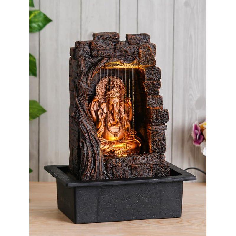 

Полирезиновая статуэтка Ганеши золотисто-коричневого цвета для настольного размещения, комнатная, фонтан-водопад с передней занавеской, для домашнего декора, с желтыми светодиодными огнями и насосом с регулятором скорости