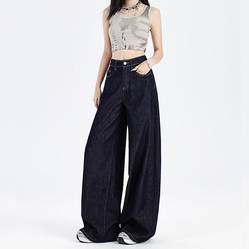Spring and autumn American dark blue jeans women's 2025 new small high-waisted and thin straight loose wide-leg pants