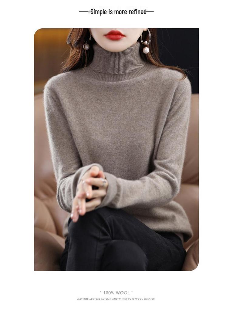 Damski sweter wełniany z wysokim dekoltem: Jesień Zima Moda Jednolity Kolor Dzianina
