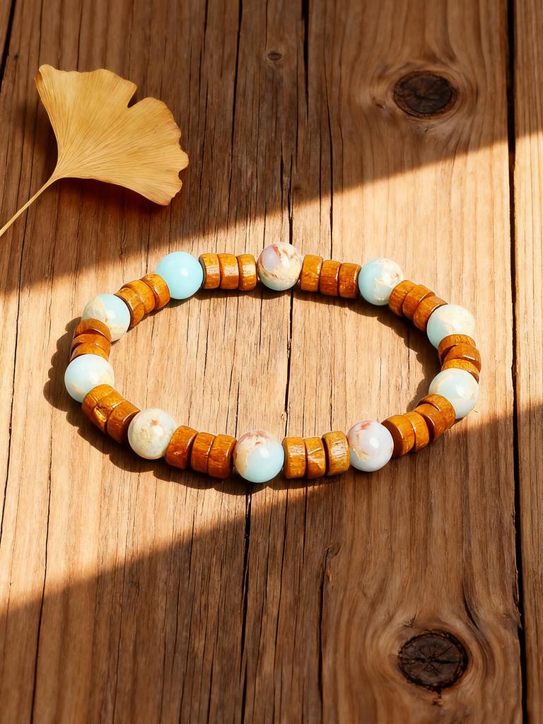 Healing Beaded Bracelet Natural Stone Vintage Yellow Wood Slice & Shoushan Stone Bead for Energy Reiki & Spiritual Charm Jewelry