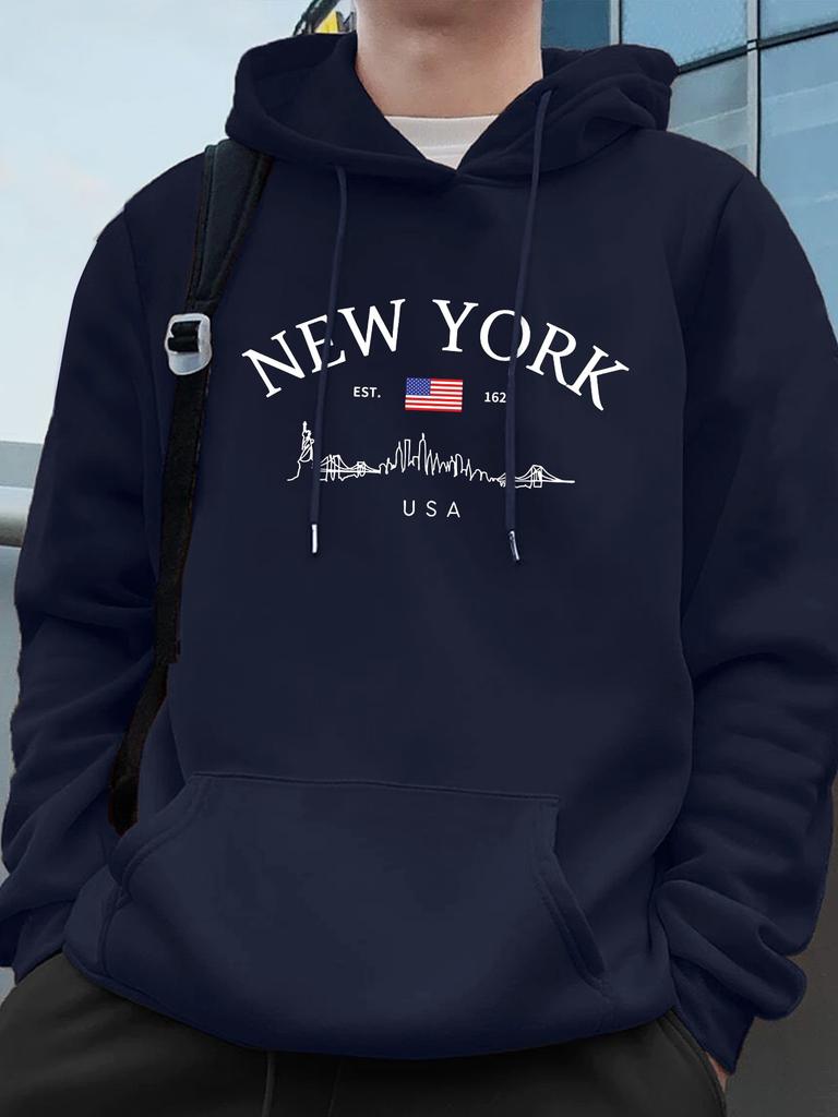 New York-style Letter Print Men's Trendy Hooded Sweatshirt for Fall/winter, Creating a Street Style Look—a Loose and Comfortable Top.