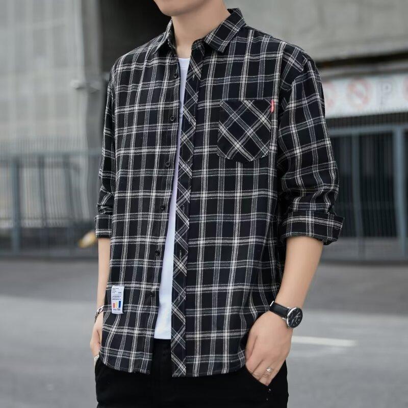 Fashion Men's Long-sleeved Shirt Spring and Fall Men's Plaid Shirt Square Collar Straight Youth Fashion Shirt