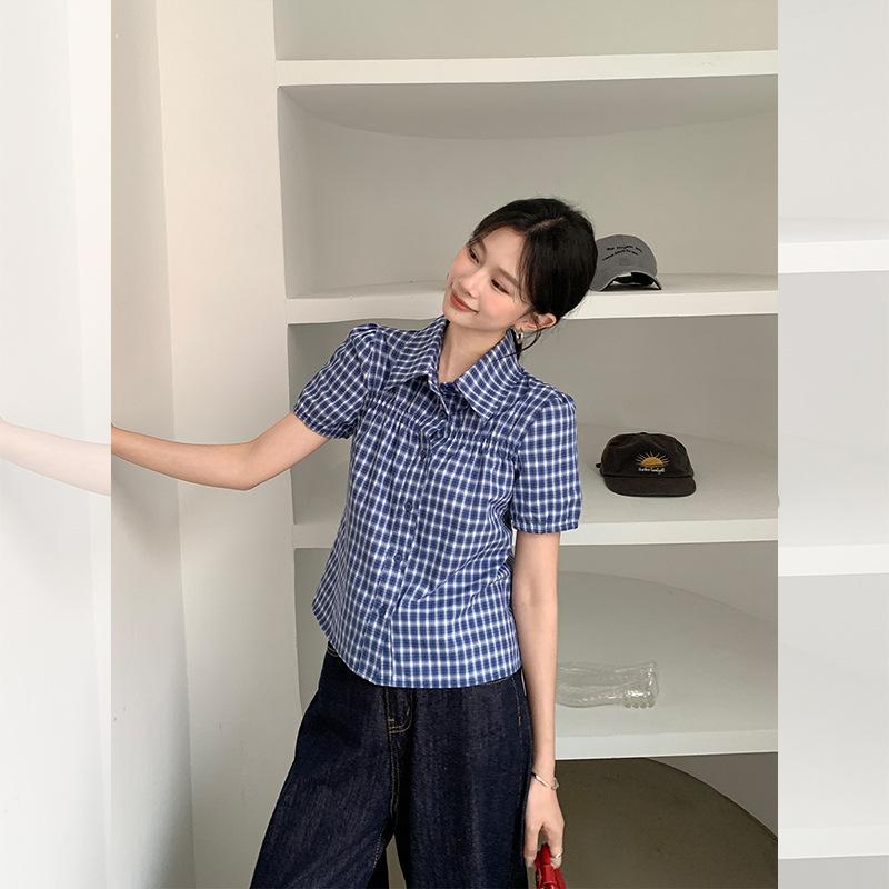 Fashion retro blue plaid short-sleeved loose shirt women's summer new bubble sleeves foreign style lapel sweet top