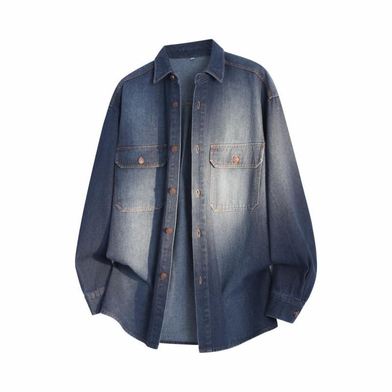 Versatile Coat Minimalist Solid Color Men's Long-sleeved Shirt Autumn Denim Lapel Loose Men's Jacket Jacket Men's Top Breathable Work Casual Jacket