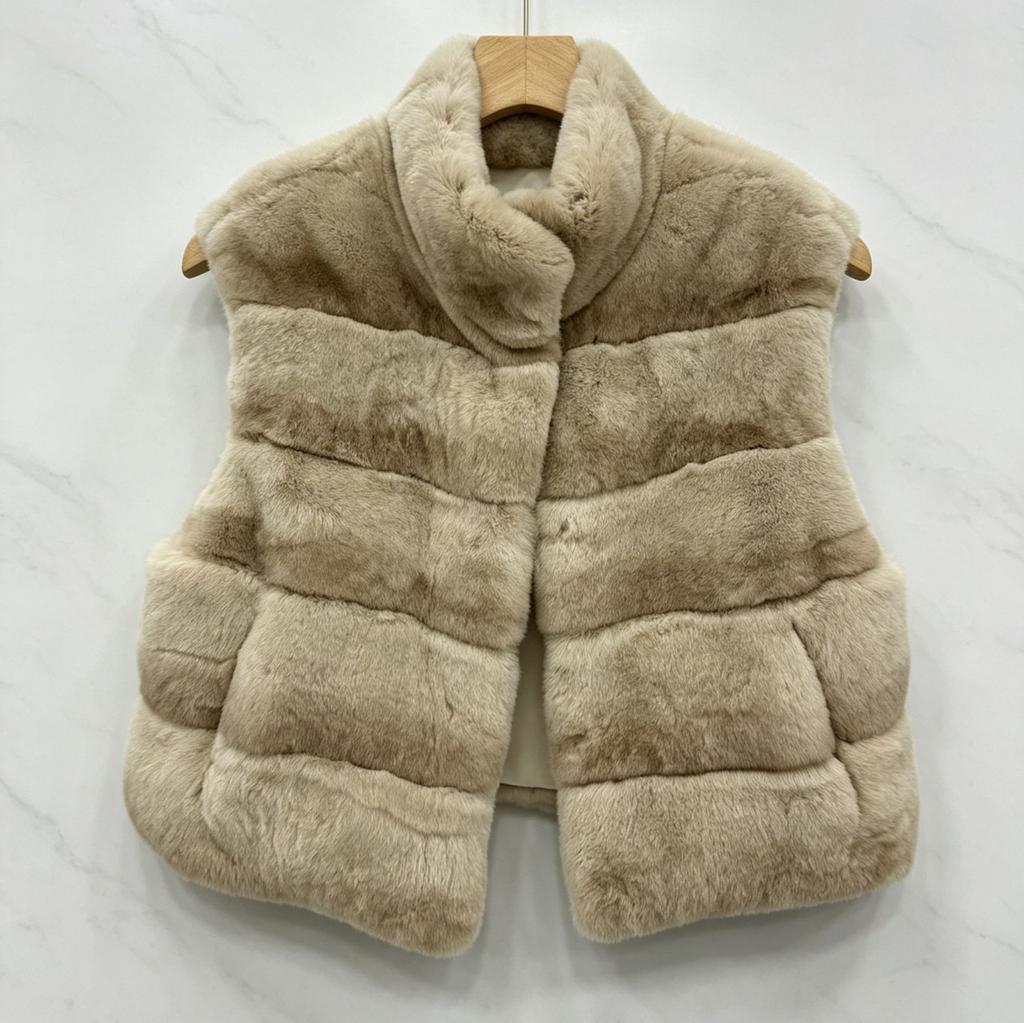 Autumn and winter new imported whole leather chinchilla pattern Rex rabbit hair short stand-up collar vest fur jacket women