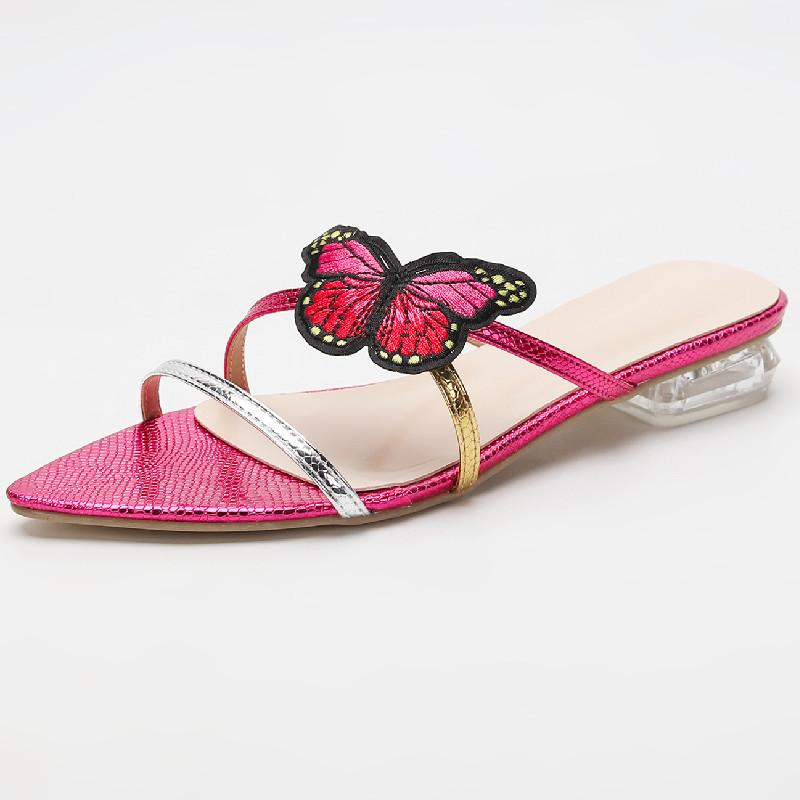

Модные милые женские сандалии с острым носком и украшением в виде бабочки, прозрачные шлепанцы на квадратном каблуке, летняя мода, женские сандалии больших размеров 36-42 36 розы красного