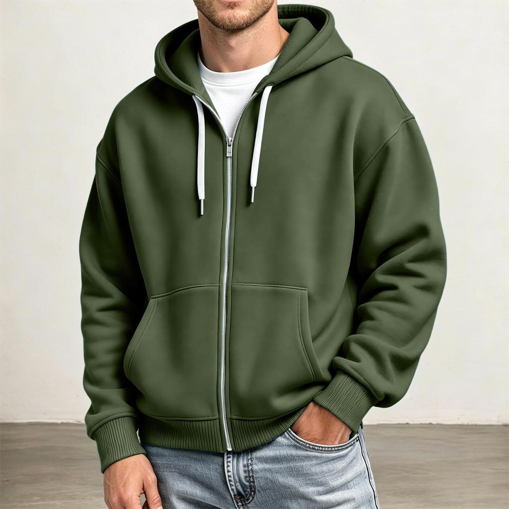 Men's Full Zip Hoodie Drop Shoulder Sleeves, Casual Long Sleeve Sweatshirt for Everyday Wear