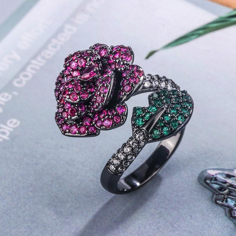 Jewelry Copper Bottom Gold-Plated Simulation Red Corundum Black Gold Flower Personalized Ring Female