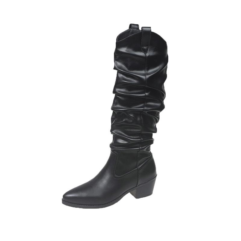 V-mouth boots women's 2025 autumn new pleated piled boots pointed thick heel but knee high knight boots