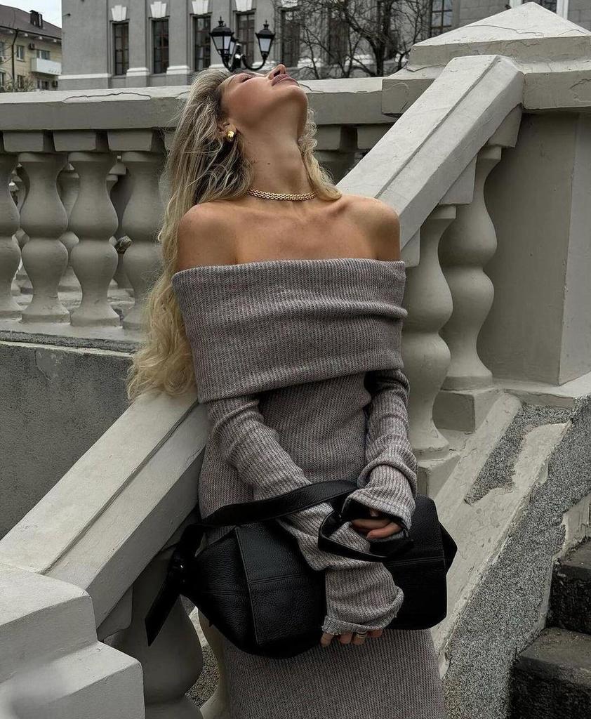 2024 High-End European & American One-Shoulder Sweater Dress - Women's Long, Waist-Hugging, Hip-Wrapping Style