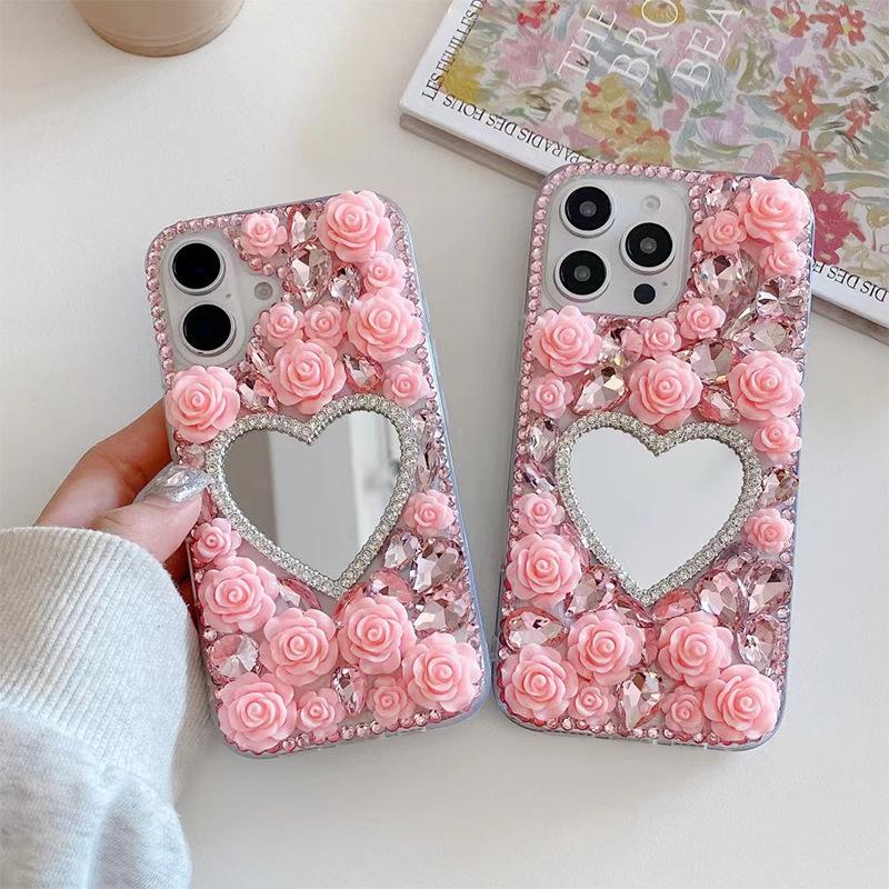 Rhinestone Flower Love Mirror for IPhone17Promax Mobile Phone Case for Apple 16plus Luxury 14 Women's Model