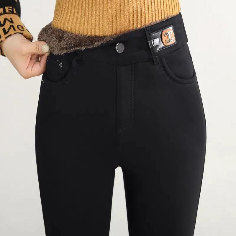 Lamb Fleece Feet Pants Women's Autumn and Winter High-waist Stretch Tight-fitting Thin Black Bottoming Warm Denim Warm Cotton Pants Women