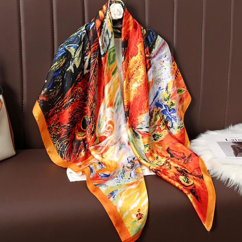 110cm Large Shawl Silk Square Scarf for Women Luxury Print Hijab Bandana Muslim Headband Wrap Beach Stoles Foulard Echarpe 2023