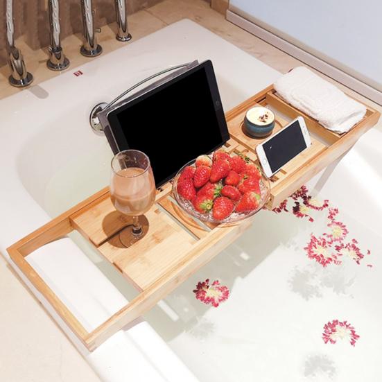 Bamboo Bath Tray with Wine Glass Holder Non-Slip Handle Design Adjustable Bath Shelf Multi-functional Book Stand Bathroom Organizer