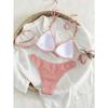 Women's Pink Cable Knit Bikini Set, Halter Triangle Two Piece Swimsuit with Pearl & Gold Chain Detail for Beach Vacation
