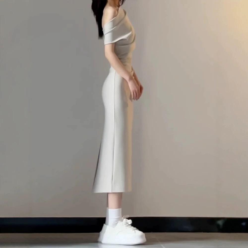 Temperament sexy slanted shoulder short-sleeved dress women's summer slim-fit one-word shoulder long dress showing figure waist hip skirt