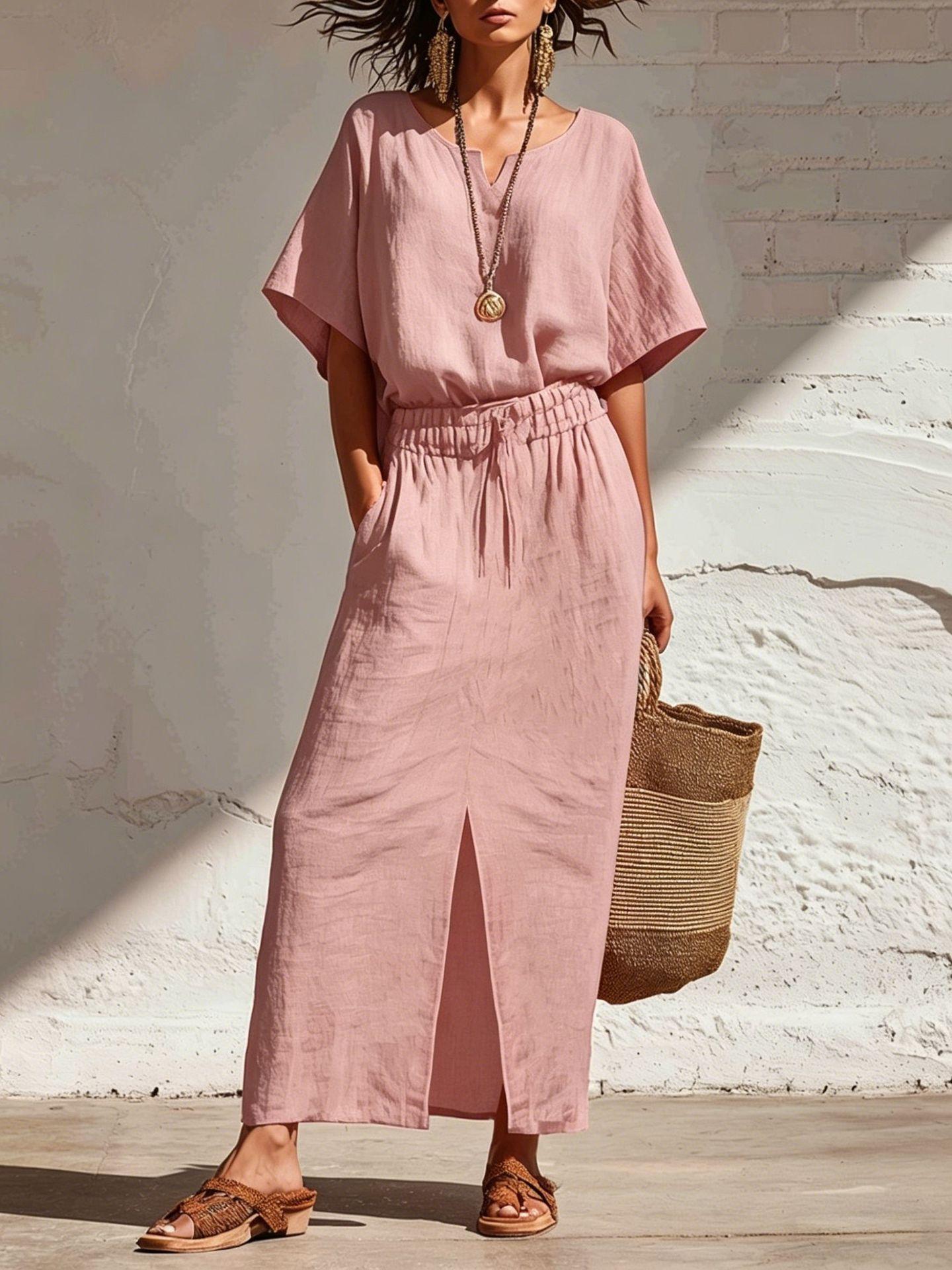 

Women V Neck Short Sleeve Maxi Dress with Elastic Waist and Front Slit Casual Loose Fit Summer Dress XXXL рожевий