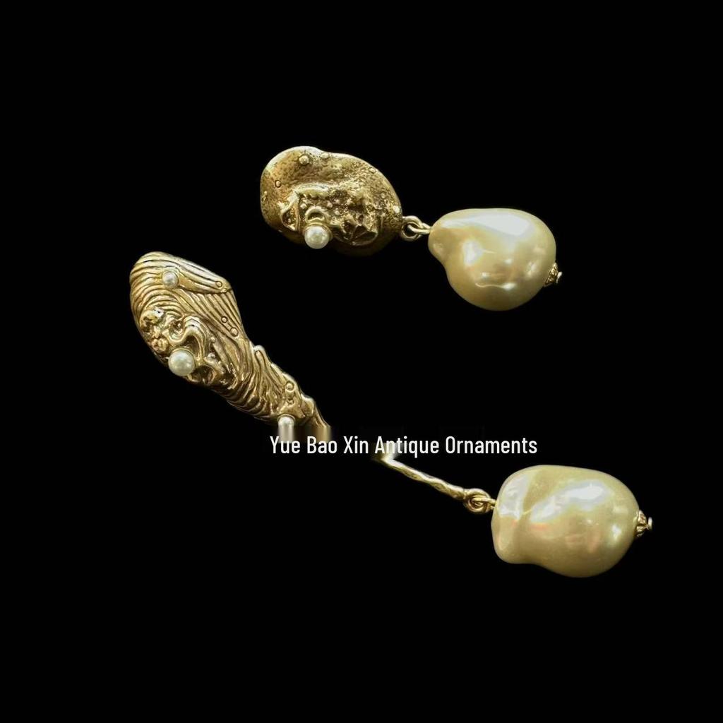 European Retro Baroque Glass Pearl Earrings with Asymmetrical Gold & Silver Studs