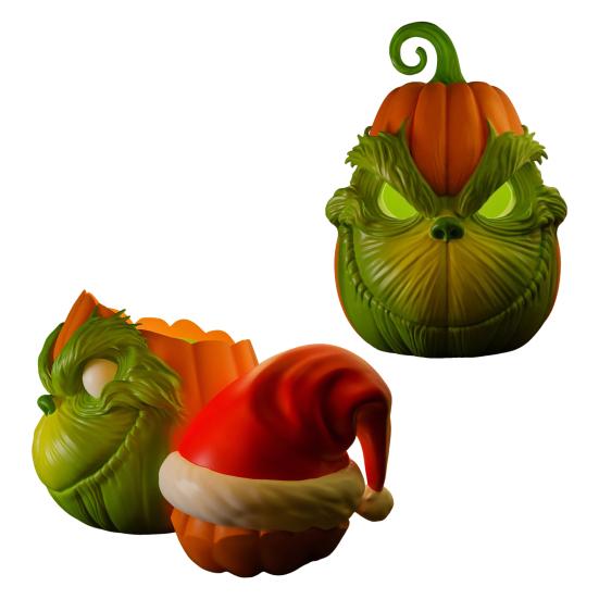 Halloween Pumpkin Face Statue Spooky 3D Printed Green Elf Pumpkin Figurine Collectible Christmas Ornament for Home Decor