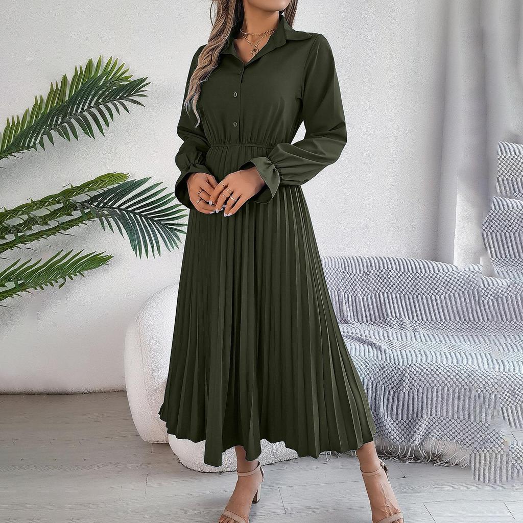 Women's Long Sleeve Maxi Dress V-Neck Button Long Dress Casual High Waist Pleated Big Swing A-Line Dress