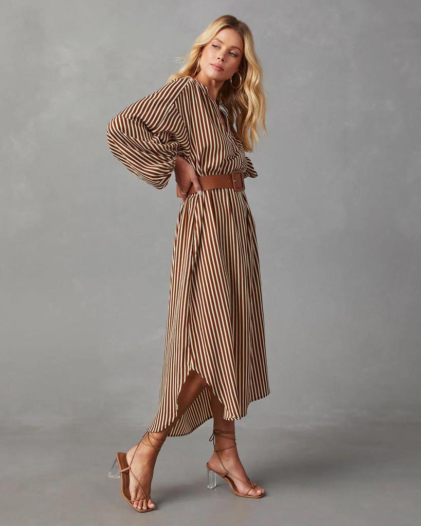 European and American Women's V-Neck Striped Belt Shirt Dress - Autumn 2025 Fashion