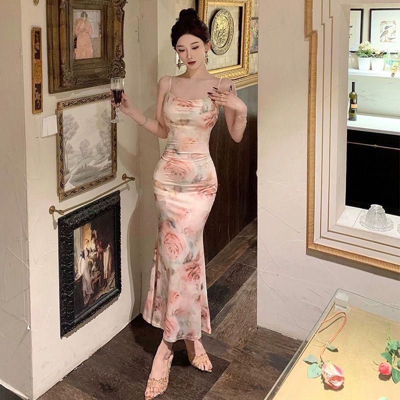 Elegant Floral Fishtail Camisole Dress - Charming and Versatile French-Inspired Bodycon Design L (108-119cm)