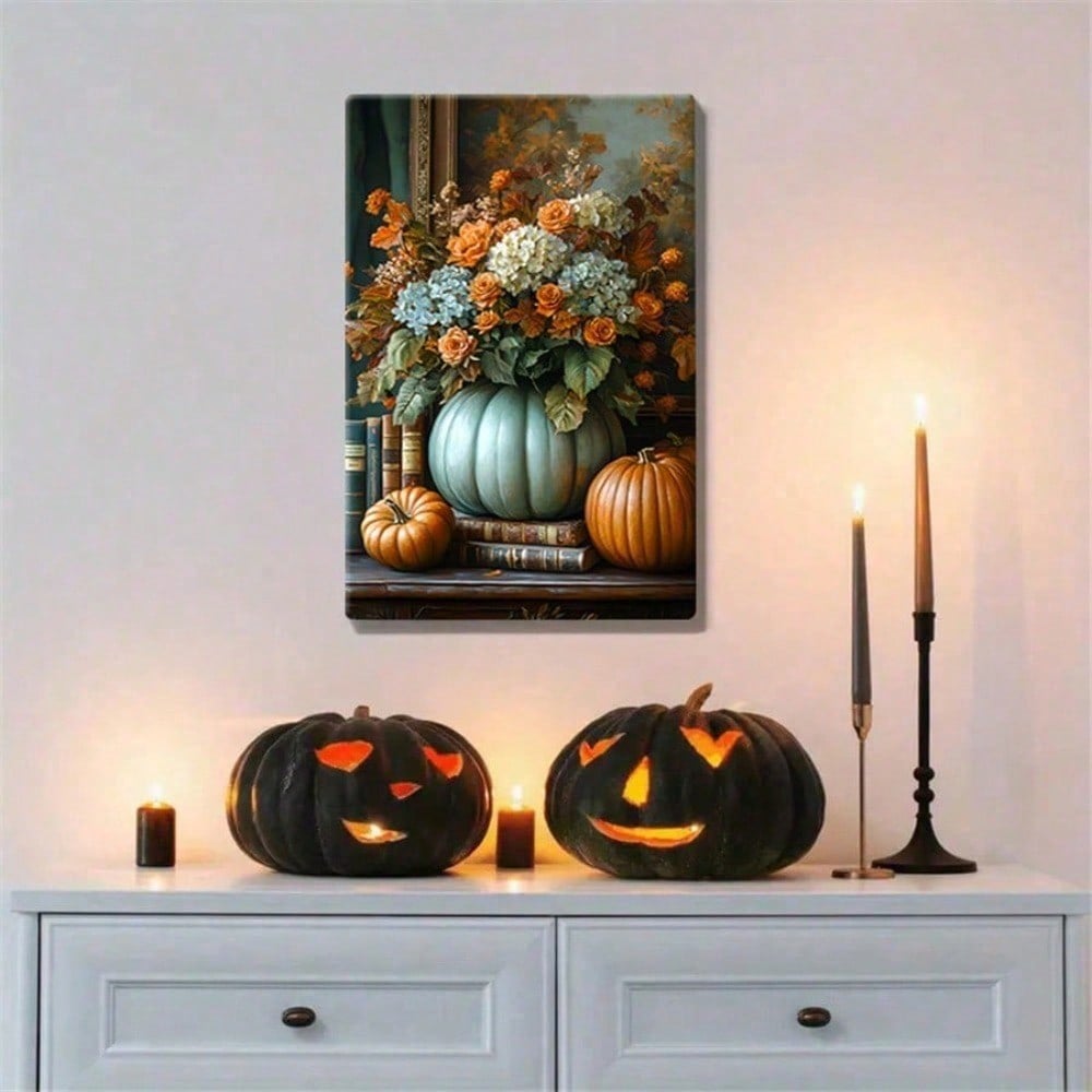 

Canvas Wall Art Wooden Frame Pumpkin Painting Modern Autumn Decor Halloween Poster Retro Floral Print Living Room Bedroom Office Decor 20x20 різнокольоровий