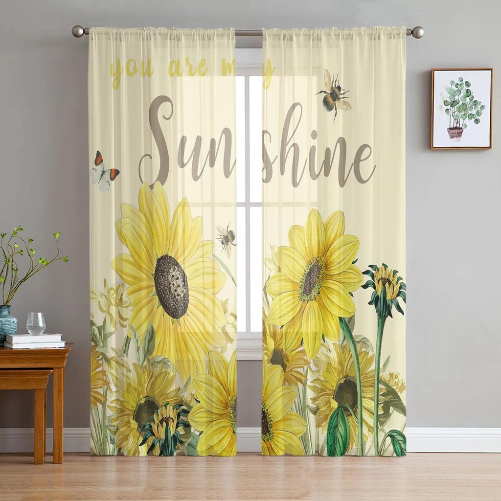 Modern Bee Azalea Retro Flower Tulle Curtains Living Room Bedroom Decoration Chiffon Voile Kitchen Window Curtain With Sheer Polyester Perfect For