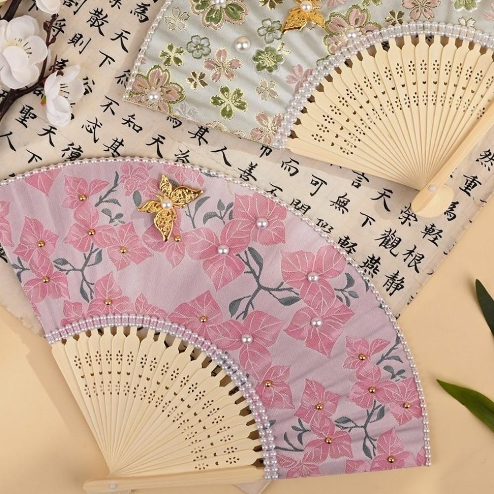 Traditional Pearl Folding Fan Butterfly Handmade Fan Elegant Floral Print Hand Fan  Home Ornament