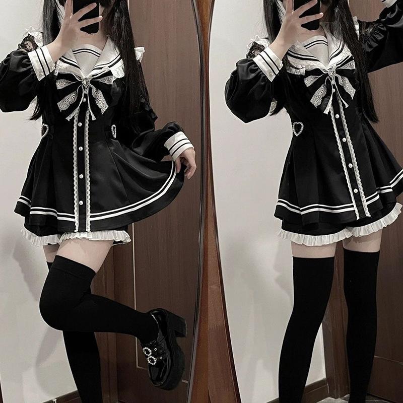 Women Vintage Sweet Long Sleeve Button Shirt Party Dresses Slim Mini Dress Japanese Style Gothic Y2k Lolita Bow Dress Shorts Set