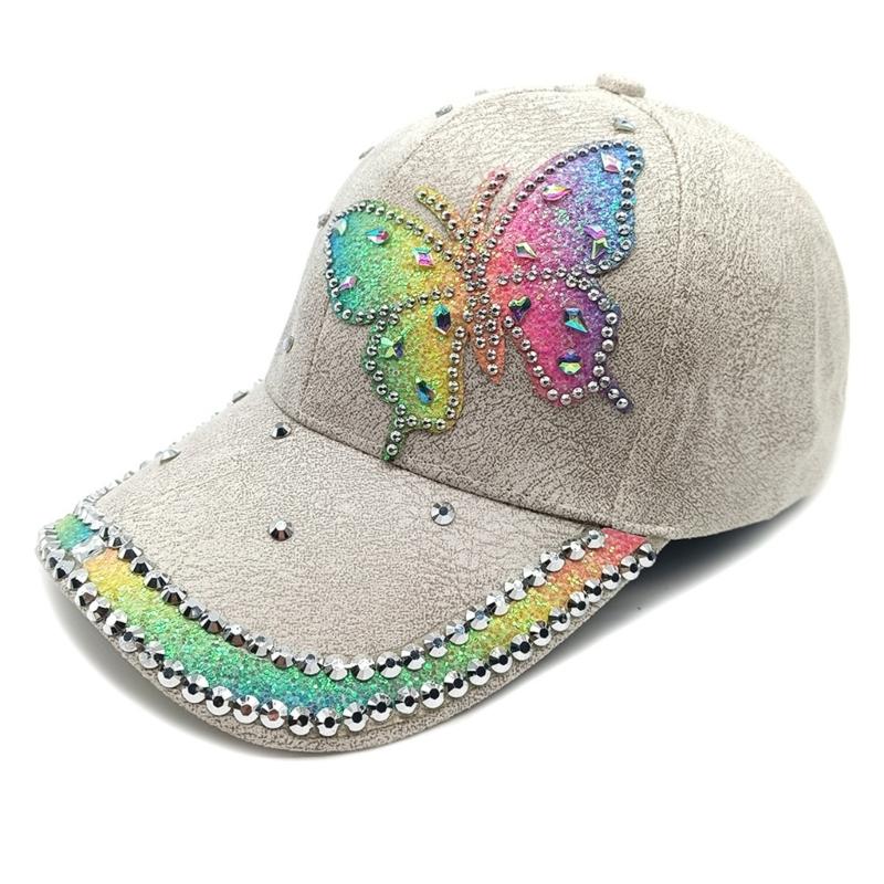 Modern Rivet Studded Baseball Cap With Rhinestones Butterfly Detail Adjustable Long Brims Sun Hat For Women Daily Outfit