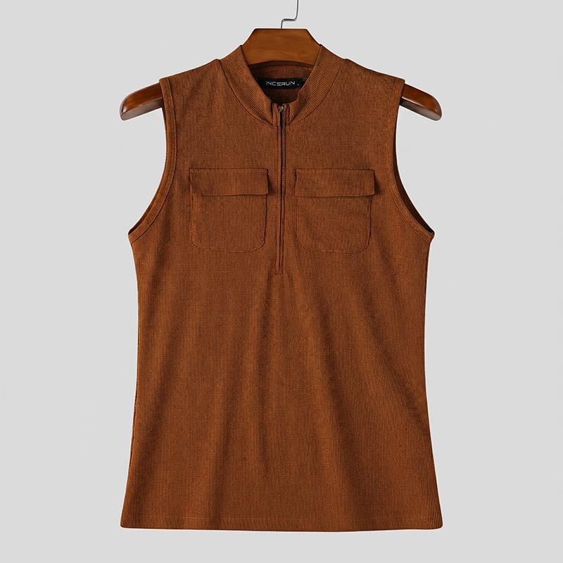 INCERUN Camisetas sin mangas casuales ajustadas con cremallera para hombre