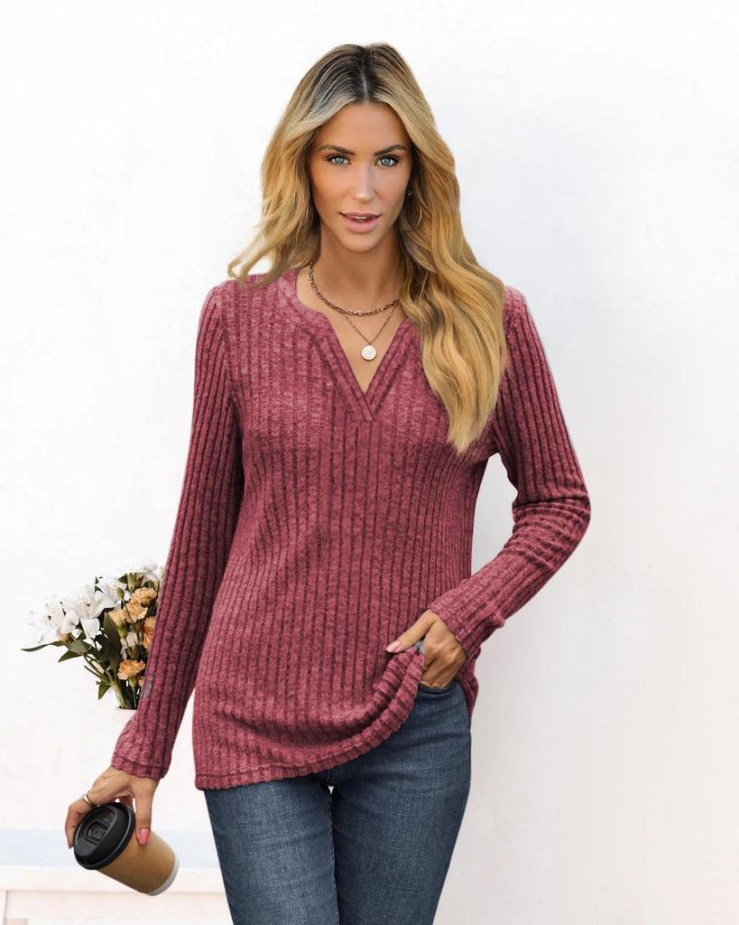 European & American Autumn/Winter V-Neck Loose Long Sleeve Women's T-Shirt