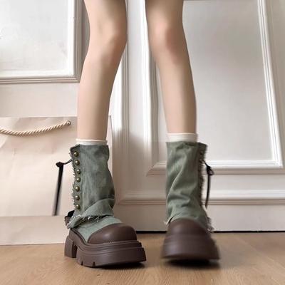 British Style Platform Soles Thick Heel Trousers Boots Boots Women's 2025 New Summer and Autumn with Skirts Western Denim Martin Boots