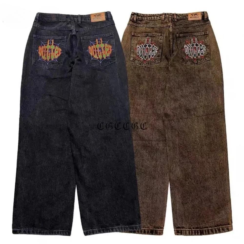 ZYLLO Retro Street Washed Embroidered Jeans Wide Leg Pants Streetwear Men and Women Same Style Hip Hop Heavy Pants