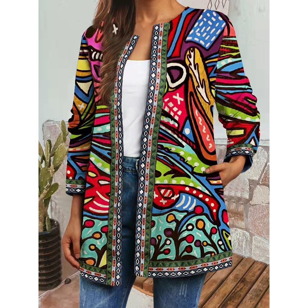 GMXIA Herbst Winter Vintage Ethnischer Stil Druck Übergröße Jacke Strickjacke Damenbekleidung