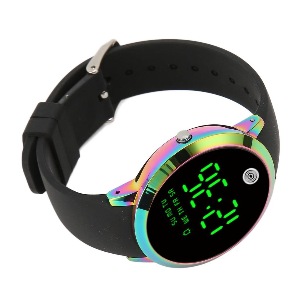 Men Digital Watch Round Color Screen Waterproof Backlit Ultra Thin Stylish Alarm Sports Watch Silver Shell White Belt