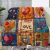 1pc Retro Multicolor Flannel Blanket Suitable for All- Use - Soft Warm Patchwork Bedspread with Heart & Love Print, Cozy Bedding for Sofa, Bed, Car, C