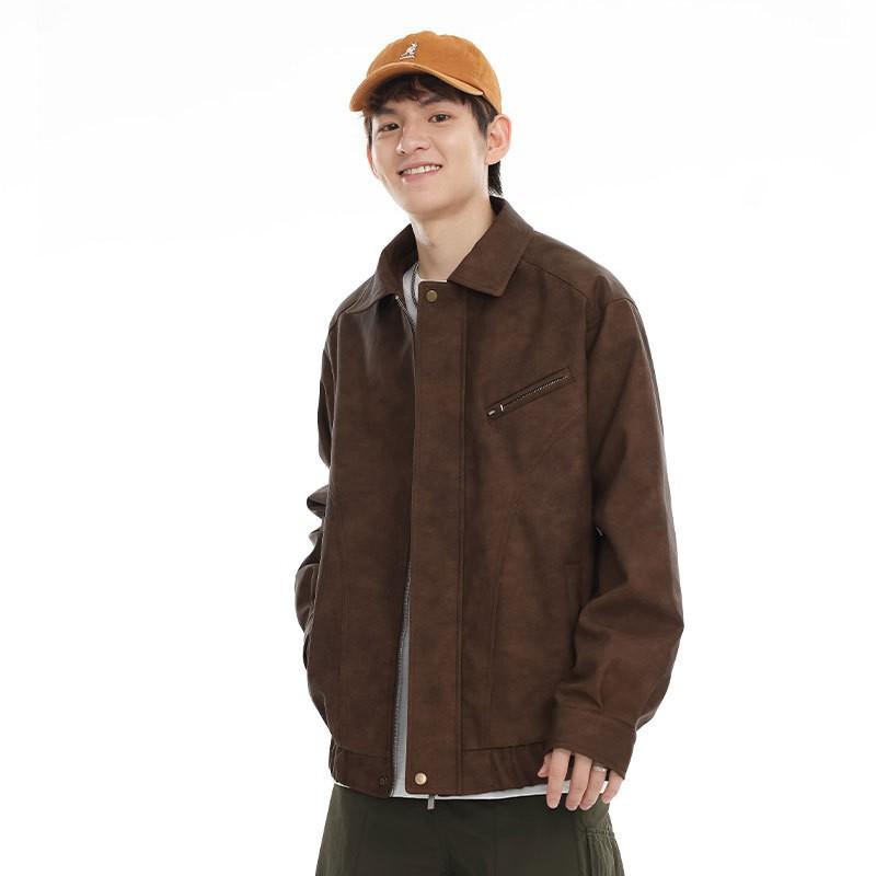 

Американская куртка из искусственной кожи мужская свободная бейсбольная куртка большого размера кожаная куртка Ruffian Handsome Locomotive Jacket Top Tide 4XL темно-коричневого