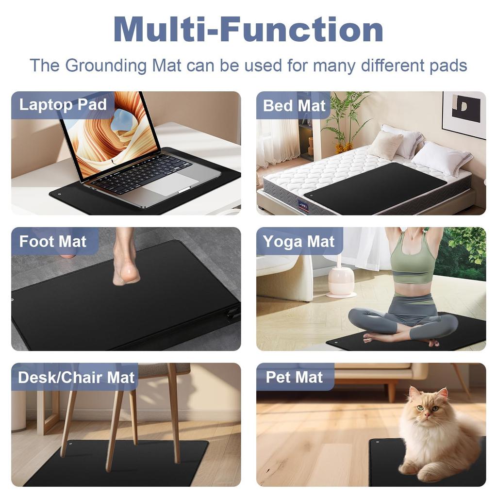 Tapis de Mise à la Terre Noir Multifonctionnel avec Fond Antidérapant pour Soulagement de la Douleur, Amélioration du Sommeil et Augmentation de l'Énergie
