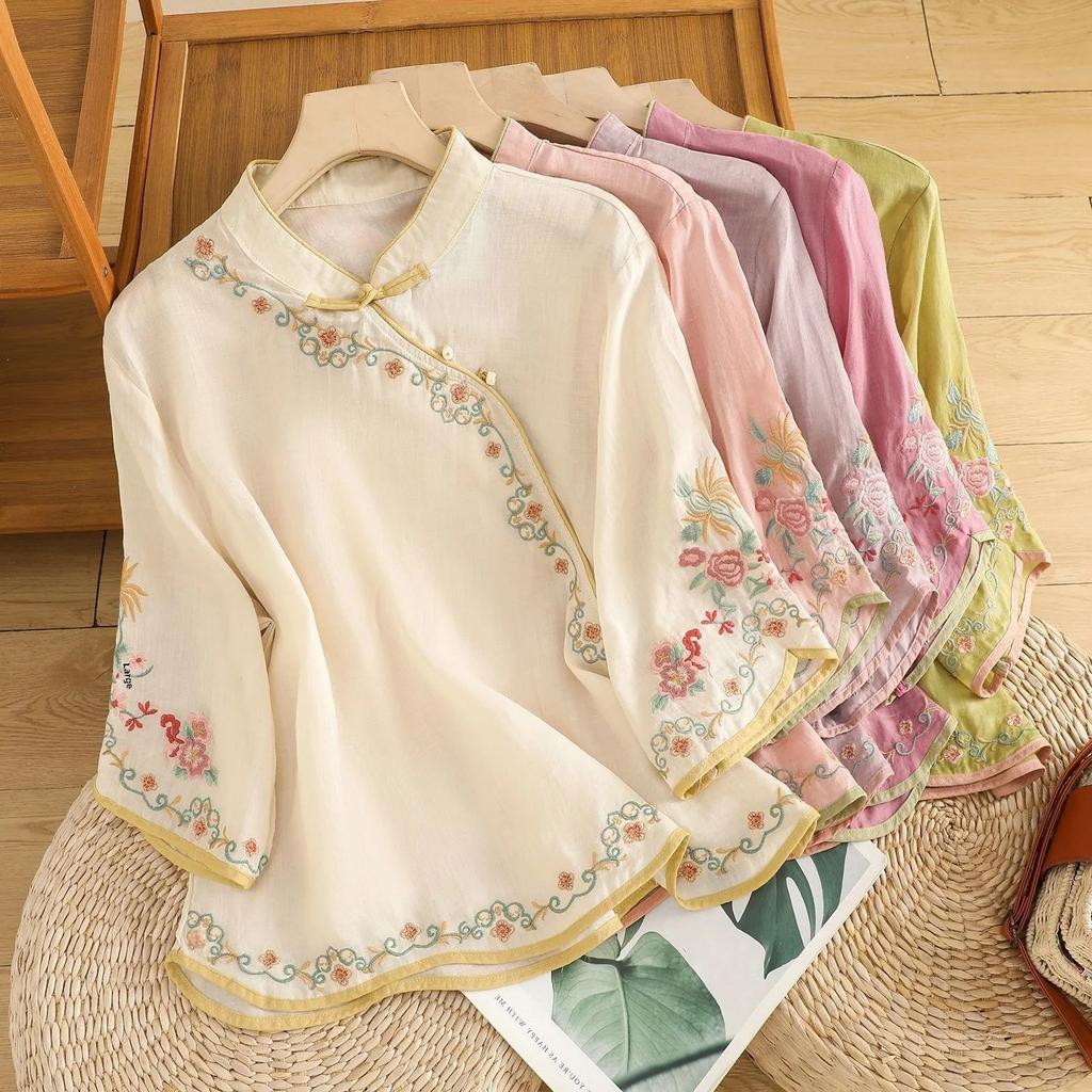 Summer Women's Artistic Vintage Embroidery Slimming Cotton Linen Women's Top with Button Color Block Sleeveless Shirt