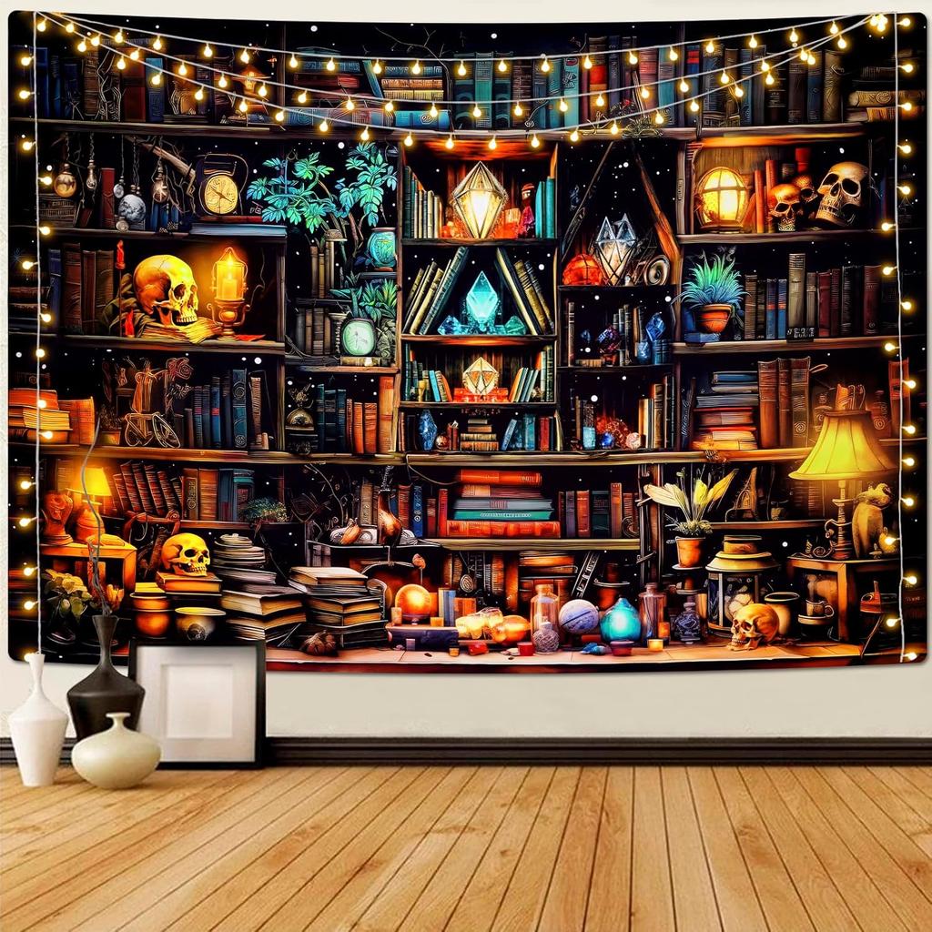 Study tapestry Invisible Bookshelf Vintage Book Tapestry Gothic Skull Retro Library Wall Hanging for Bedroom Dorm Home Decor