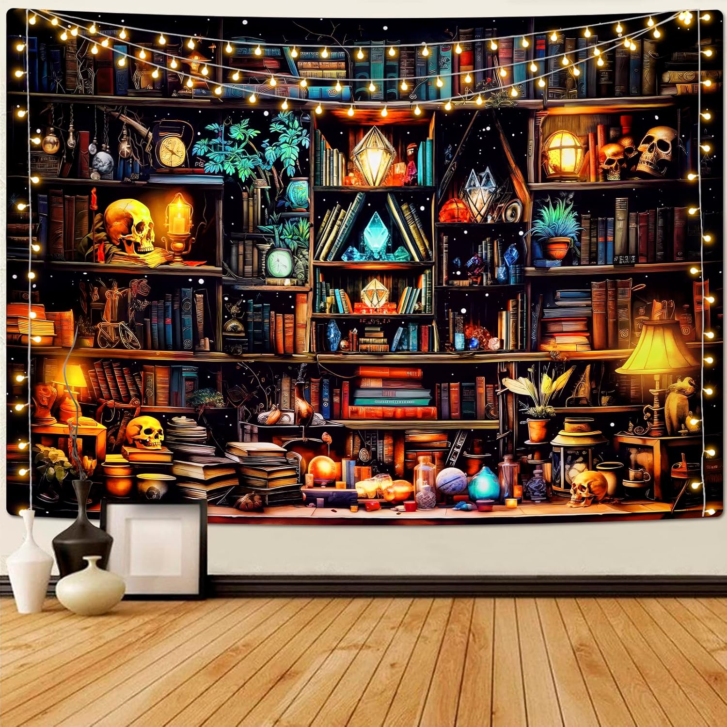 Study tapestry Invisible Bookshelf Vintage Book Tapestry Gothic Skull Retro Library Wall Hanging for Bedroom Dorm Home Decor 74x94cm(29x37in)